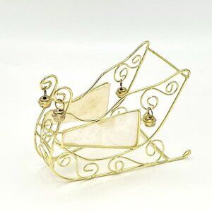 VTG Capiz Shell Metal Wire Christmas Sleigh Decor Gold Tone W/ Bells Tabletop
